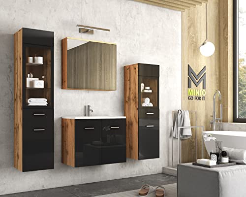 MINIO go for it - Badezimmermöbel Set Marit 2, ohne LED-Belechtung, Wandspiegelschrank, Schrank mit Waschbecken, Farbe: Wotan Eiche/Schwarz Hochglanz MINIO go for it - Badezimmermöbel Set Marit 2, ohne LED-Belechtung, Wandspiegelschrank, Schrank mit Waschbecken, Farbe: Wotan Eiche/Schwarz Hochglanz von MINIO go for it