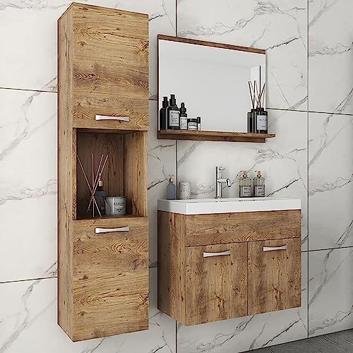 MINIO go for it - 3-Teilig Badmöbel Set Monal I Hängeschrank I Spiegel mit Regal I Schrank mit Waschbecken I Laminierte Spannplatte I Griffe und Beschläge aus Metall I Kastanien Breslau von MINIO go for it
