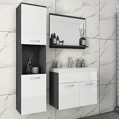 MINIO go for it - Badmöbel Set 3-Teilig Monal I Hängeschrank I Spiegel mit Regal I Schrank mit Waschbecken I Laminierte Spannplatte I Griffe und Beschläge aus Metall I Matera und Weiß Hochglanz von MINIO go for it