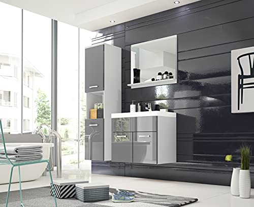 MINIO go for it - 3-Teilig Badmöbel Set Monal I Hängeschrank I Spiegel mit Regal I Schrank mit Waschbecken I Laminierte Spannplatte I Griffe und Beschläge aus Metall I Weiß Matt und Grau Hochglanz von MINIO go for it