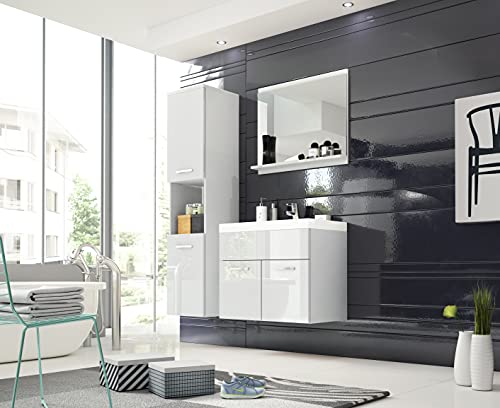 MINIO go for it - 3-Teilig Badmöbel Set Monal I Hängeschrank I Spiegel mit Regal I Schrank mit Waschbecken I Laminierte Spannplatte I Griffe und Beschläge aus Metall I Weiß Matt Weiß Hochglanz von MINIO go for it