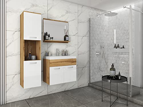 MINIO go for it- 3-Teilig Badmöbel Set Monal I Hängeschrank I Spiegel mit Regal I Schrank mit Waschbecken I Laminierte Spannplatte I Griffe und Beschläge aus Metall I Wotan Eiche und Weiß Hochglanz von MINIO go for it