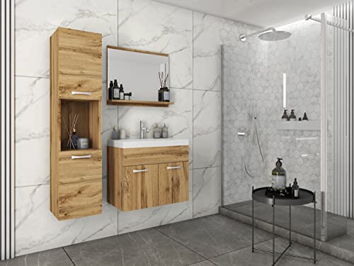 MINIO go for it - 3-Teilig Badmöbel Set Monal I Hängeschrank I Spiegel mit Regal I Schrank mit Waschbecken I Laminierte Spannplatte I Griffe und Beschläge aus Metall I Wotan Eiche von MINIO go for it