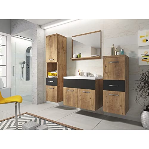 MINIO go for it - 4-Teilig Badmöbel Set Alo, 1x Badezimmer Spiegel mit Ablage, 1x Waschtisch Mit Unterschrank, 2X Badezimmerschrank - Laminierte Spannplatte, Kastanien Breslau und Schwarz Graphit von MINIO go for it
