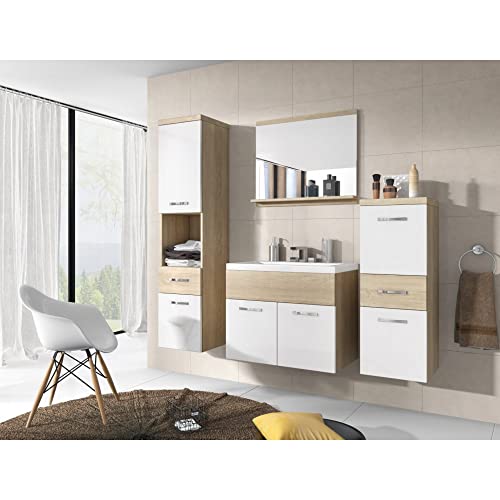MINIO go for it - 4-Teilig Badmöbel Set Alo, 1x Badezimmer Spiegel mit Ablage, 1x Waschtisch Mit Unterschrank, 2X Badezimmerschrank - Laminierte Spannplatte, Sonoma Eiche und Weiß Hochglanz von MINIO go for it