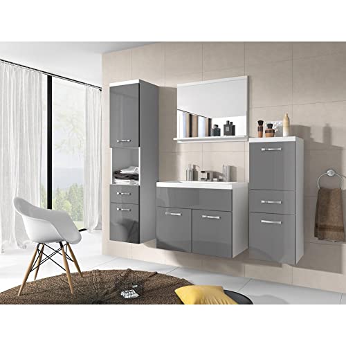 MINIO go for it - 4-Teilig Badmöbel Set Alo, 1x Badezimmer Spiegel mit Ablage, 1x Waschtisch Mit Unterschrank, 2X Badezimmerschrank - Laminierte Spannplatte, Weiß Matt und Grau Hochglanz von MINIO go for it