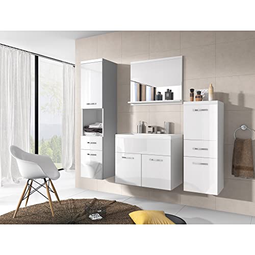 MINIO go for it - 4-Teilig Badmöbel Set Alo, 1x Badezimmer Spiegel mit Ablage, 1x Waschtisch Mit Unterschrank, 2X Badezimmerschrank - Laminierte Spannplatte, Weiß Matt und Weiß Hochglanz von MINIO go for it