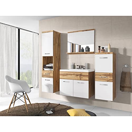 MINIO go for it - 4-Teilig Badmöbel Set Alo, 1x Badezimmer Spiegel mit Ablage, 1x Waschtisch Mit Unterschrank, 2X Badezimmerschrank - Laminierte Spannplatte, Wotan Eiche und Weiß Hochglanz von MINIO go for it