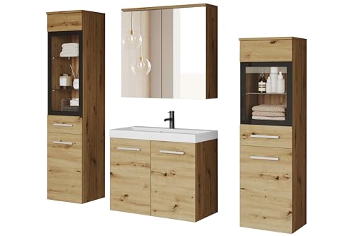 MINIO go for it - Badmöbel Set Marit 2, 4-Teilig Set, mit LED-Belechtung, Wandspiegelschrank, Schrank mit Waschbecken, Farbe: Artisan Eiche von MINIO go for it