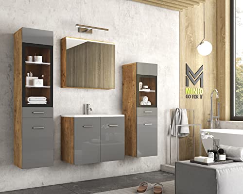 MINIO go for it - Badezimmermöbel Set Marit 2, mit LED-Belechtung, Wandspiegelschrank, Schrank mit Waschbecken, Farbe: Kastanien Breslau/Grau Hochglanz von MINIO go for it