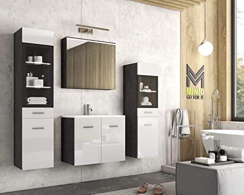 MINIO go for it - Badezimmermöbel Set Marit 2, mit LED-Belechtung, Wandspiegelschrank, Schrank mit Waschbecken, Farbe: Graphit Matera/Weiß Hochglanz von MINIO go for it