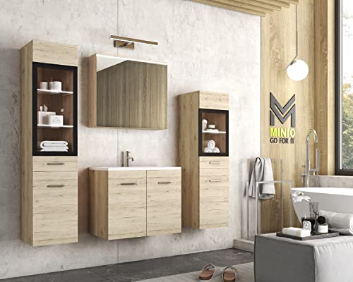 MINIO go for it - Badezimmermöbel Set Marit 2, mit LED-Belechtung, Wandspiegelschrank, Schrank mit Waschbecken, Farbe: San Remo Eiche von MINIO go for it