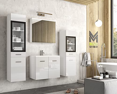 MINIO go for it - Badezimmermöbel Set Marit 2, mit LED-Belechtung, Wandspiegelschrank, Schrank mit Waschbecken, Farbe: Weiß Matt/Weiß Hochglanz von MINIO go for it