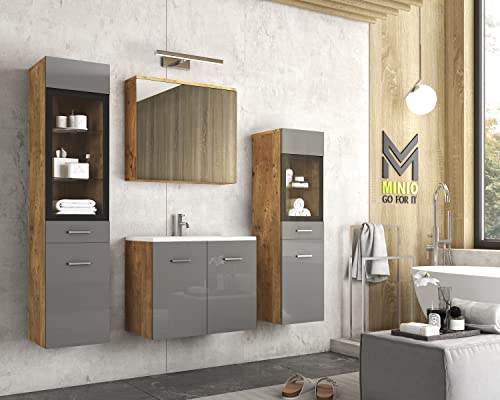 MINIO go for it - 4-TLG. Badezimmermöbel Set Marit I 2X Hochschrank ohne LED-Belechtung I Wandspiegelschrank I Waschbecken mit Unterschrank I Kastanien Breslau/Grau Hochglanz von MINIO go for it