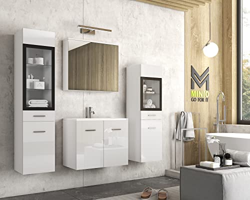 MINIO go for it - Badezimmermöbel Set Marit 2, ohne LED-Belechtung, Wandspiegelschrank, Schrank mit Waschbecken, Farbe: Weiß Matt/Weiß Hochglanz von MINIO go for it