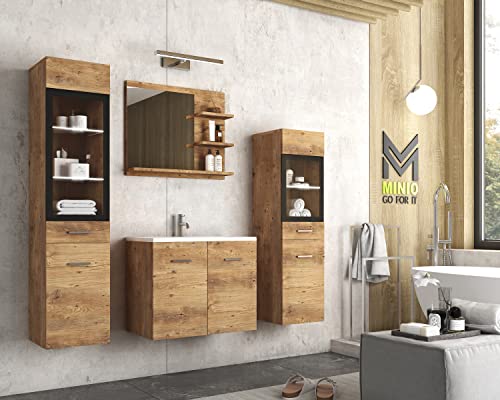 MINIO go for it - Badezimmermöbel Set Marit 1, mit LED-Belechtung, Spiegel mit Regal, Schrank mit Waschbecken, Laminierte Spannplatte, Farbe: Kastanien Breslau von MINIO go for it