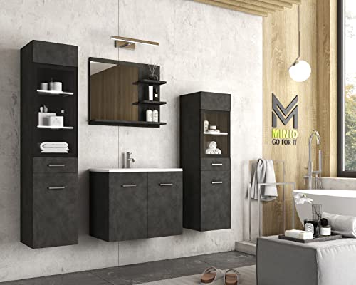 MINIO go for it - Badezimmermöbel Set Marit 1, mit LED-Belechtung, Spiegel mit Regal, Schrank mit Waschbecken, Laminierte Spannplatte, Farbe: Graphit Matera von MINIO go for it