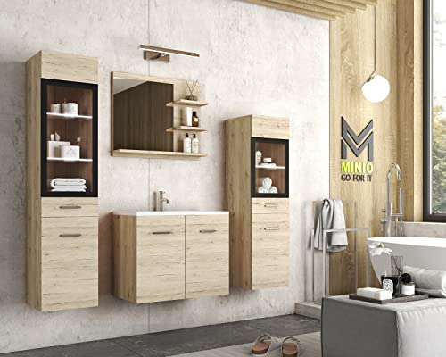 MINIO go for it - Badezimmermöbel Set Marit 1, mit LED-Belechtung, Spiegel mit Regal, Schrank mit Waschbecken, Laminierte Spannplatte, Farbe: San Remo Eiche von MINIO go for it