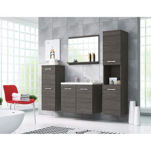 MINIO go for it - Badmöbel Set 4-Teilig Molo, 1x Badezimmer Spiegel mit Ablage, 1x Waschtisch mit Unterschrank, 2X Hängeschrank, Badezimmermöbel Set - Laminierte Spannplatte, Bodega Kiefer von MINIO go for it