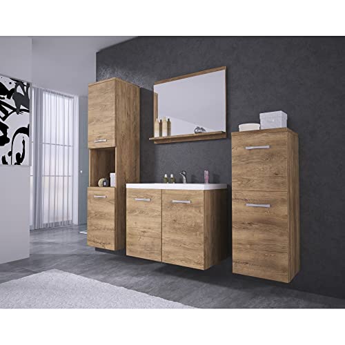 MINIO go for it - Badmöbel Set 4-Teilig Molo, 1x Badezimmer Spiegel mit Ablage, 1x Waschtisch mit Unterschrank, 2X Hängeschrank, Badezimmermöbel Set - Laminierte Spannplatte, Lefkas Eiche von MINIO go for it