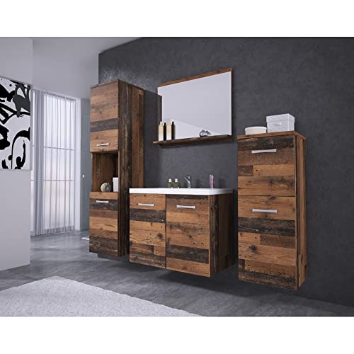 MINIO go for it - Badmöbel Set 4-Teilig Molo, 1x Badezimmer Spiegel mit Ablage, 1x Waschtisch mit Unterschrank, 2X Hängeschrank, Badezimmermöbel Set - Laminierte Spannplatte, Old Style von MINIO go for it