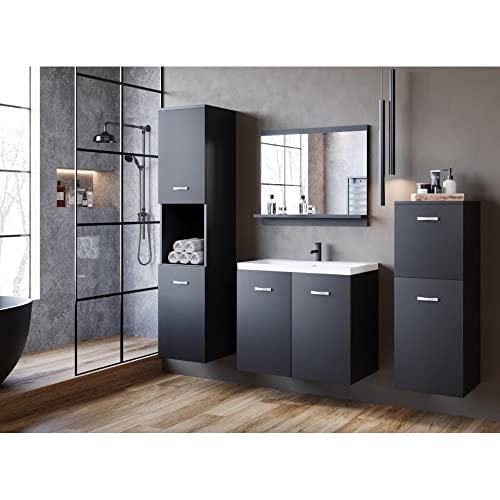 MINIO go for it - Badmöbel Set 4-Teilig Molo, 1x Badezimmer Spiegel mit Ablage, 1x Waschtisch mit Unterschrank, 2X Hängeschrank, Badezimmermöbel Set - Laminierte Spannplatte, Schwarz Graphit von MINIO go for it