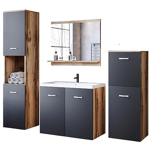 MINIO go for it - Badmöbel Set 4-Teilig Molo, 1x Badezimmer Spiegel mit Ablage, 1x Waschtisch mit Unterschrank, 2X Hängeschrank, Badezimmermöbel Set, Wotan Eiche und Schwarz Graphit von MINIO go for it