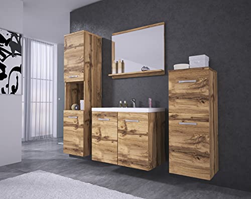 MINIO go for it - Badmöbel Set 4-Teilig Molo, 1x Badezimmer Spiegel mit Ablage, 1x Waschtisch mit Unterschrank, 2X Hängeschrank, Badezimmermöbel Set - Laminierte Spannplatte, Wotan Eiche von MINIO go for it