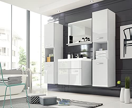MINIO go for it - Badmöbel 4-Teilig Set Monal 1 I 2X Hängeschrank I Spiegel mit Regal I Schrank mit Waschbecken I Laminierte Spannplatte I Weiß Matt und Weiß Hochglanz von MINIO go for it