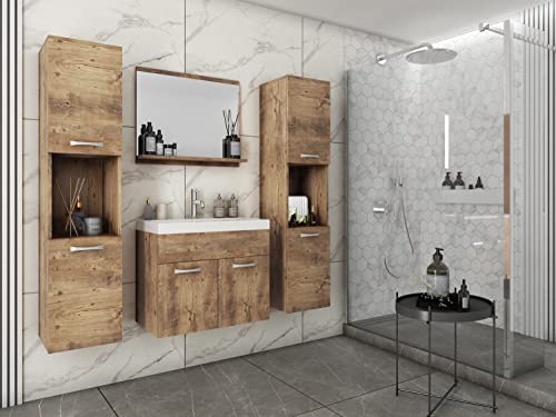 MINIO go for it - 4-Teilig Badmöbel Set Monal 1 I 2X Hängeschrank I Spiegel mit Regal I Schrank mit Waschbecken I Laminierte Spannplatte I Griffe und Beschläge aus Metall I Kastanien Breslau von MINIO go for it