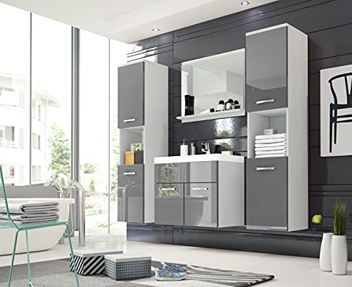 MINIO go for it - 4-Teilig Badmöbel Set Monal 1 I 2X Hängeschrank I Spiegel mit Regal I Schrank mit Waschbecken I Laminierte Spannplatte I Weiß Matt und Grau Hochglanz von MINIO go for it