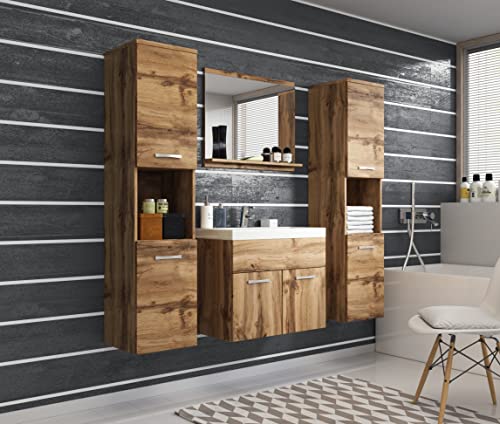 MINIO go for it - 4-Teilig Badmöbel Set Monal 1 I 2X Hängeschrank I Spiegel mit Regal I Schrank mit Waschbecken I Laminierte Spannplatte I Griffe und Beschläge aus Metall I Wotan Eiche von MINIO go for it
