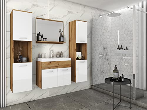 MINIO go for it - 4-Teilig Badmöbel Set Monal 1 I 2X Hängeschrank I Spiegel mit Regal I Schrank mit Waschbecken I Spannplatte I Griffe und Beschläge aus Metall I Wotan Eiche und Weiß Hochglanz von MINIO go for it