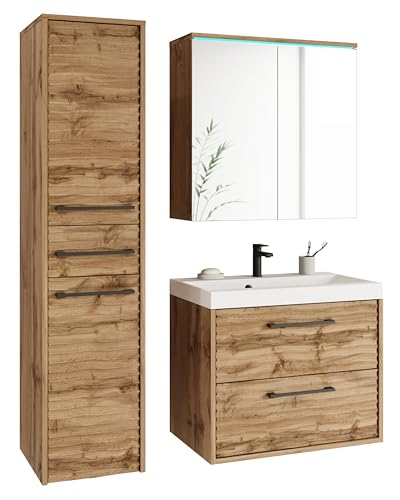 MINIO go for it - Badmöbel Set 3-Teilig Yuko 1, Unterschrank mit Waschbecken, Spiegelschrank, Große Hängeschrank, Laminierte Spannplatte, Farbe: Wotan Eiche/Wotan Eiche MDF Wellemuster von MINIO go for it