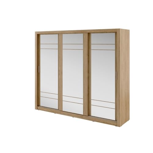 MINIO go for it - Kleiderschrank ARTI 2, mit DREI Spiegeln, 250cm Breit, Schiebetürenschrank mit Kleiderstangen und Einlegeboden, Schlafzimmer Möbel, Farbe: Shetland Eiche von MINIO go for it