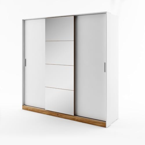 MINIO go for it - Dreitüriger Kleiderschrank ENTON, 220 cm, Schiebetürenschrank mit Schiebetüren und Spiegeln, Farbe: Weiß/Stirling Eiche von MINIO go for it