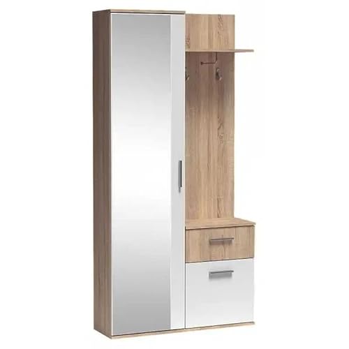 ALEX - Flurgarderobe Schmal I Flur Möbel 97cm Breit I Flurgarderoben mit Spiegel I Garderobenset Garderobenpaneel Wandgarderobe mit Ablage und Schuhschrank I Garderobenschrank Flur Sonoma Eiche/ Weiß von MINIO go for it