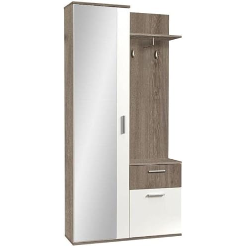 ALEX Flurgarderobe Schmal, Flur Möbel 97cm Breit, Flurgarderoben mit Spiegel, Garderobenset Garderobenpaneel Wandgarderobe mit Ablage und Schuhschrank, Garderobenschrank Flur I Truffle Eiche Weiß von MINIO go for it