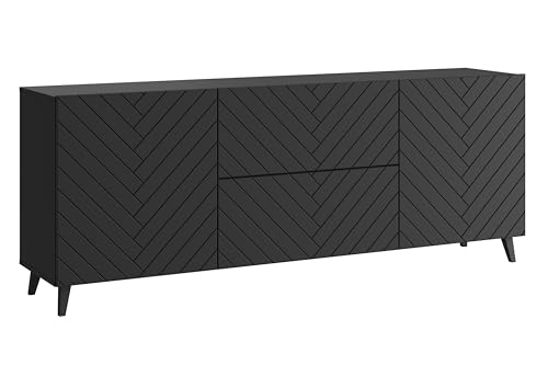 MINIO go for it - Kommode LOKET, 180 cm breit, mit Schubladen, Standkommode, Sideboard, Wohnzimmermöbel, Farbe: Schwarz matt mit Fischgrätenmuster von MINIO go for it