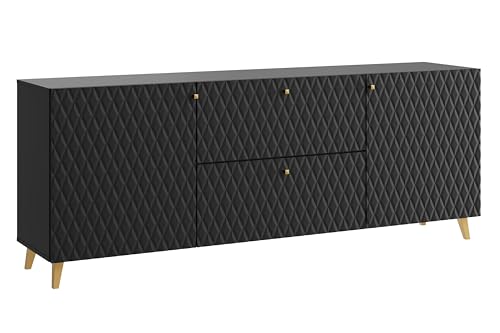 MINIO go for it - Kommode LOKET, 180 cm breit, mit Schibladen, Standkommode, Sideboard, Wohnzimmer, Wohnzimmermöbel, Farbe: Schwarz matt mit Rautenmuster/goldenen Beinen und Griffen von MINIO go for it