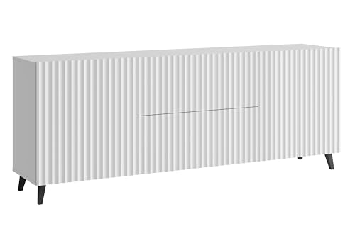 MINIO go for it - Kommode LOKET, 180 cm breit, Standkommode, Sideboard, Wohnzimmer, Schwarze Beine, Wohnzimmermöbel, Farbe: Weiß/Weiß mit gerillten MDF-Fronten von MINIO go for it