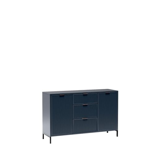 MINIO go for it - Kommode ASTI, Breite 134 cm, Modern Sideboard, 3 Schubladen mit geräuschloser Schließung und Einlegeböden, Ideal für das Wohnzimmer - Indigo von MINIO go for it