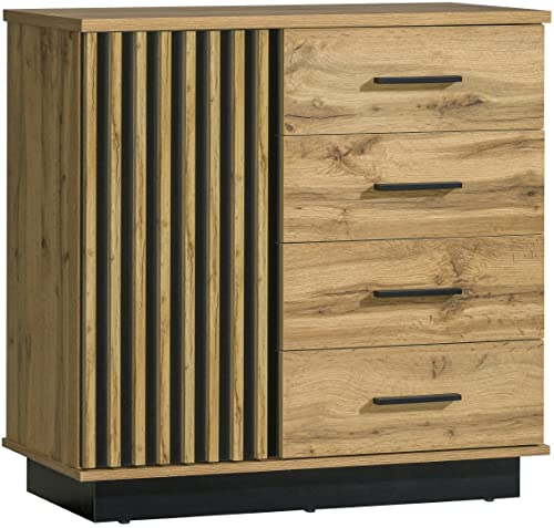 MINIO go for it - Kommode Lamia mit Schubladen und Türen, Sideboard 90cm Breit, Wohnzimmer Möbel, Sideboard Schlafzimmer, Kommoden Schlafzimmer, Schubladenkommode, Farbe Wotan Eiche/Schwarz Matt von MINIO go for it