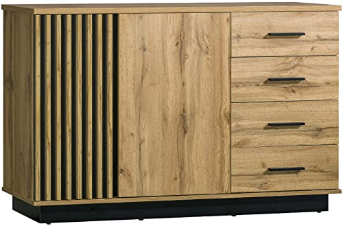 MINIO go for it - Kommode mit Schubladen und Türen Lamia, Sideboard 141cm Breit, Sideboard Wohnzimmer Möbel, Schlafzimmer, Kommode Schlafzimmer, Schubladenkommode, Wotan Eiche/Schwarz Matt von MINIO go for it