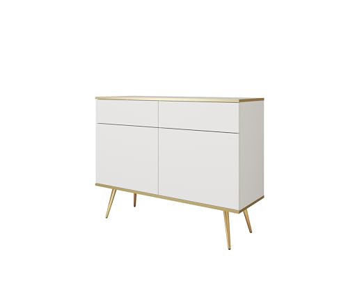 MINIO go for it - Kommode ORO 107 cm, Sideboard, mit goldenen Beinen, goldfarbener Rand, Farbe: Weiß matt von MINIO go for it