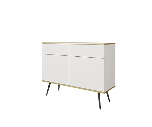 MINIO go for it - Kommode ORO 107 cm, Sideboard, mit schwarzen Beinen, goldfarbener Rand, Farbe: Weiß matt von MINIO go for it