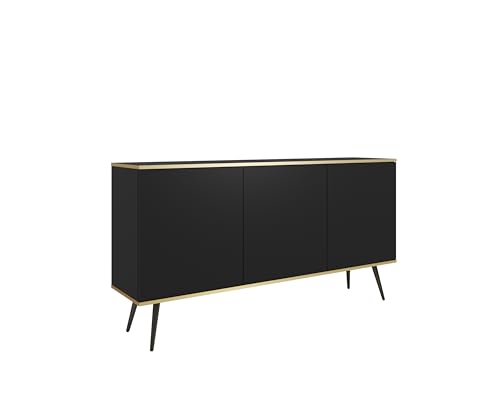MINIO go for it - Kommode ORO 160 cm, Sideboard, mit schwarzen Beinen, goldfarbener Rand, Farbe: Schwarz matt von MINIO go for it