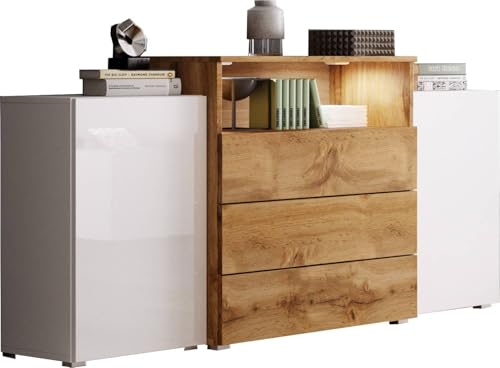 MINIO go for it - Kommode mit Schubladen KORFU III, Highboard Abmessungen: 69-82x150x32,5-39 cm, Kommoden&Sideboards aus Spannplatte, Moderne Komodenschrank mit LED - Weiss/Wotan Eiche/Weiss Hochglanz von MINIO go for it