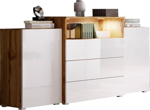 MINIO go for it - Kommode mit Schubladen Korfu III, 150 cm, Sideboard mit LED Beleuchtung, Farbe: Wotan Eiche/Weiss Hochglanz MINIO go for it - Kommode mit Schubladen Korfu III, 150 cm, Sideboard mit LED Beleuchtung, Farbe: Wotan Eiche/Weiss Hochglanz von MINIO go for it