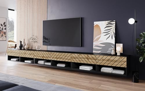 MINIO go for it - Lowboard TV-Schrank 300x30x33 cm, mit MDF-Türen und Offene Nischen I Laminierte Spannplatte, mit LED Beleuchtung, Schwarz matt/Eiche Wotan Farbe mit 3D-Fischgrätmuster von MINIO go for it